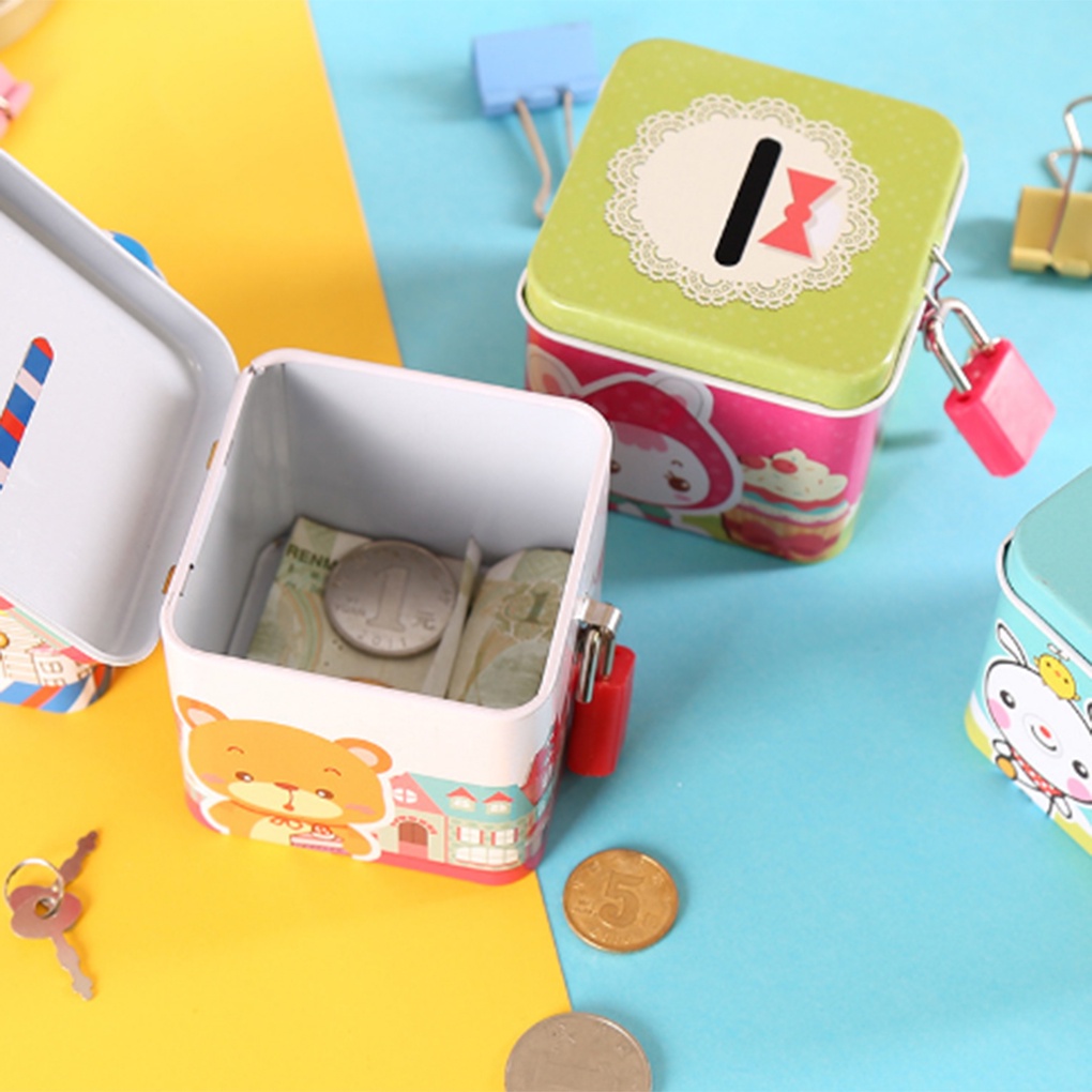 Cartoon Cute Square Tin Metal Piggy Bank Saving Cash Coin Money Box Children Toy Kids Gifts Random Color【Huiteni】