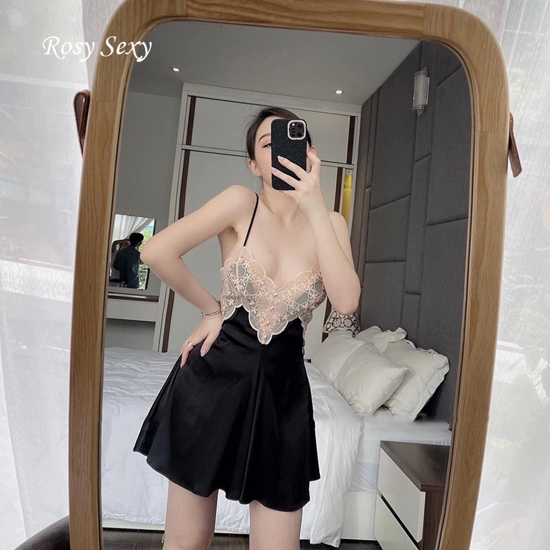 Váy ngủ hai dây lụa cao cấp dáng xoè viền ren ngực VN309