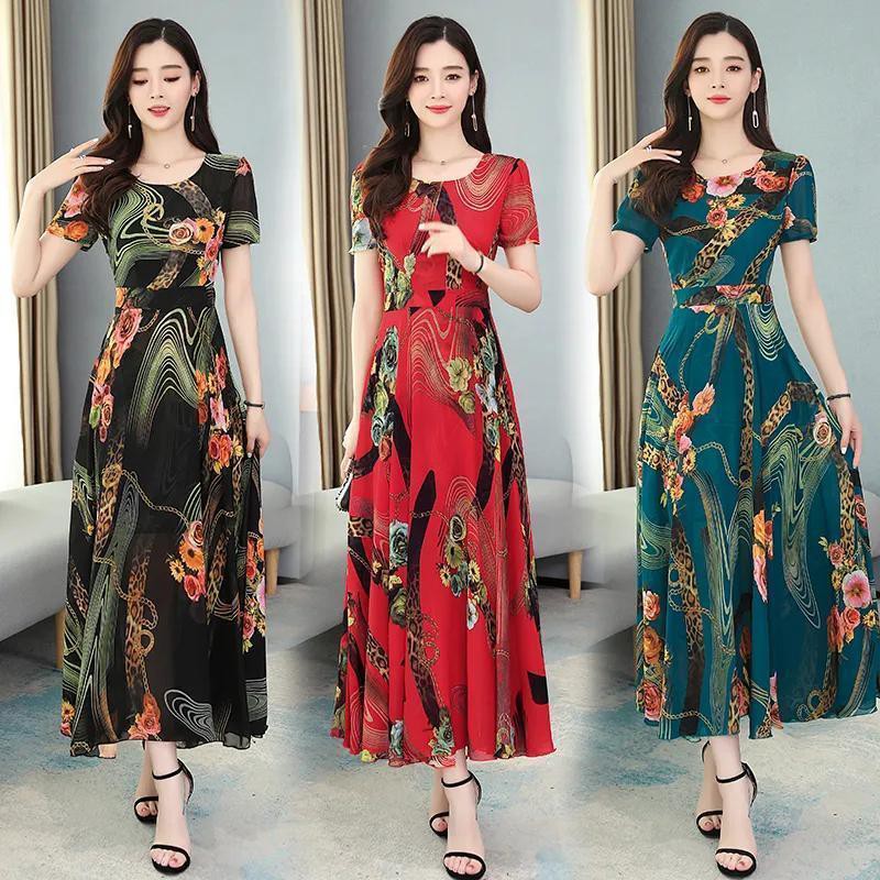 Váy đầm hoa nữ 2021 cách tân trung niên và cao tuổi thời trang ngắn tay size lớn slim-fit dài tính khí <