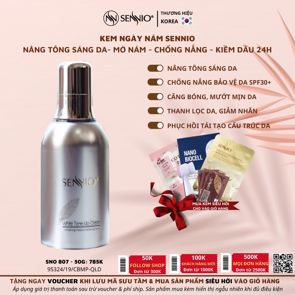 Kem ngày dưỡng trắng da nâng tông mờ thâm - nám sạm chống lão hoá, chống nắng Sennio 50ml Whitening Tone Up Cream