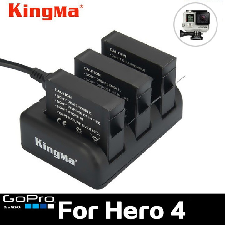 [Mã ELMS05 giảm 5% đơn 300k]Combo sạc 3 + 3 viên pin Kingma cho GoPro Hero 4