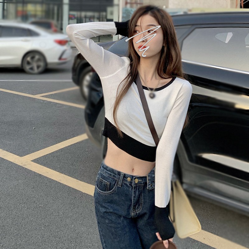 Áo Croptop Dệt Kim Tay Dài Cổ Thuyền Màu Sắc Quyến Rũ Thời Trang Cho Nữ