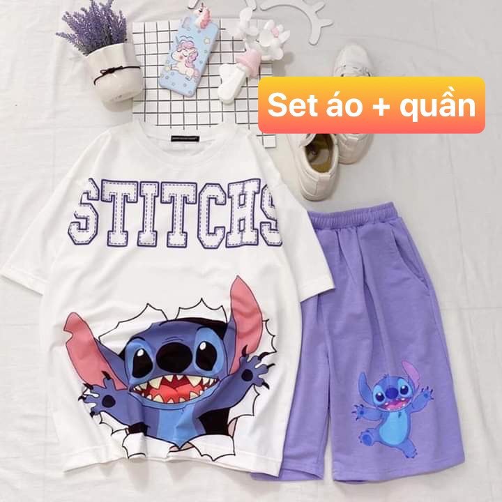 Set Đồ Bộ STITCH TÍM cartoon 3D Cute DB70-Lapi VN Áo+ Quần Đùi Vải Thun Cotton Thoáng Mát, Freesize,Set đồ mặc nhà