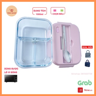 Hộp cơm thủy tinh 3 ngăn kèm đũa thìa inox 1000ml - [Dùng được trong lò vi sóng]