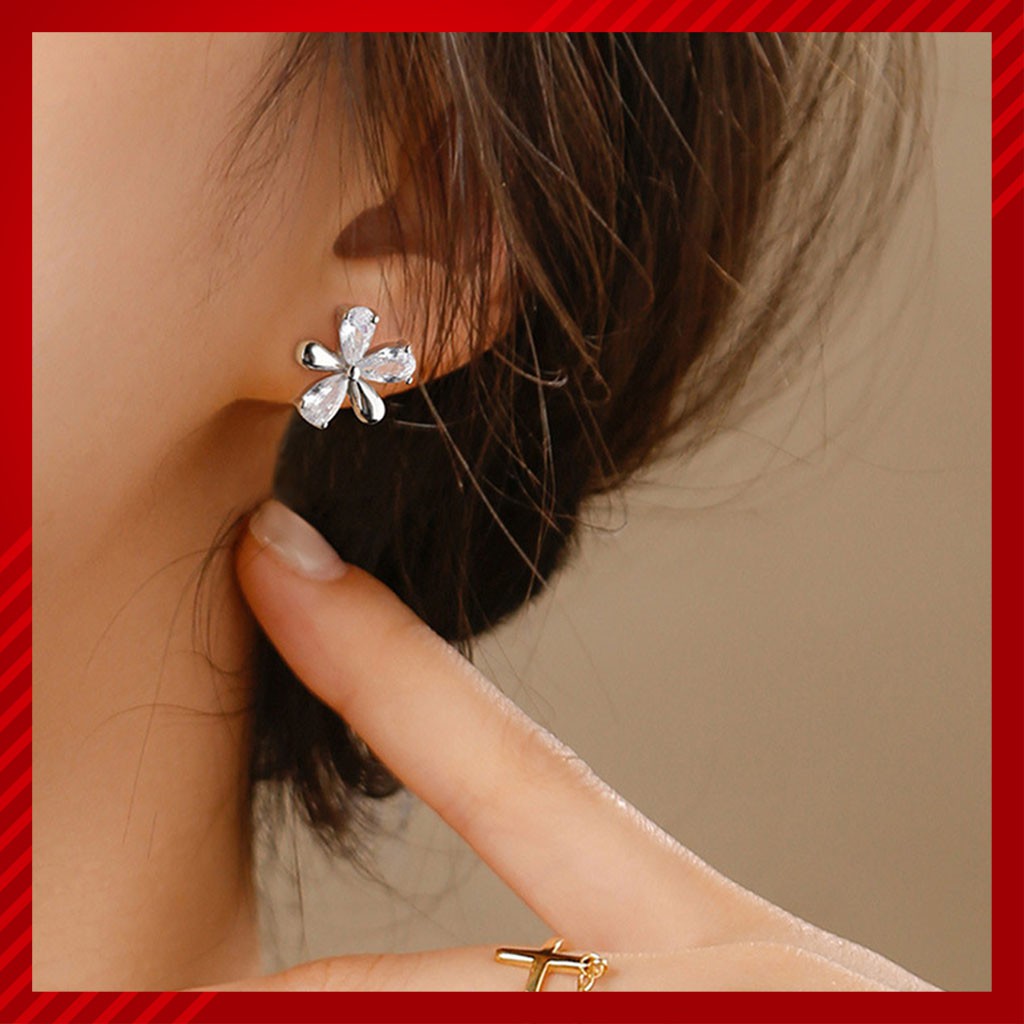 Bông tai nữ hình hoa 5 cánh đính đá, mạ bạc S925 cao cấp, dễ thương cá tính sang trọng