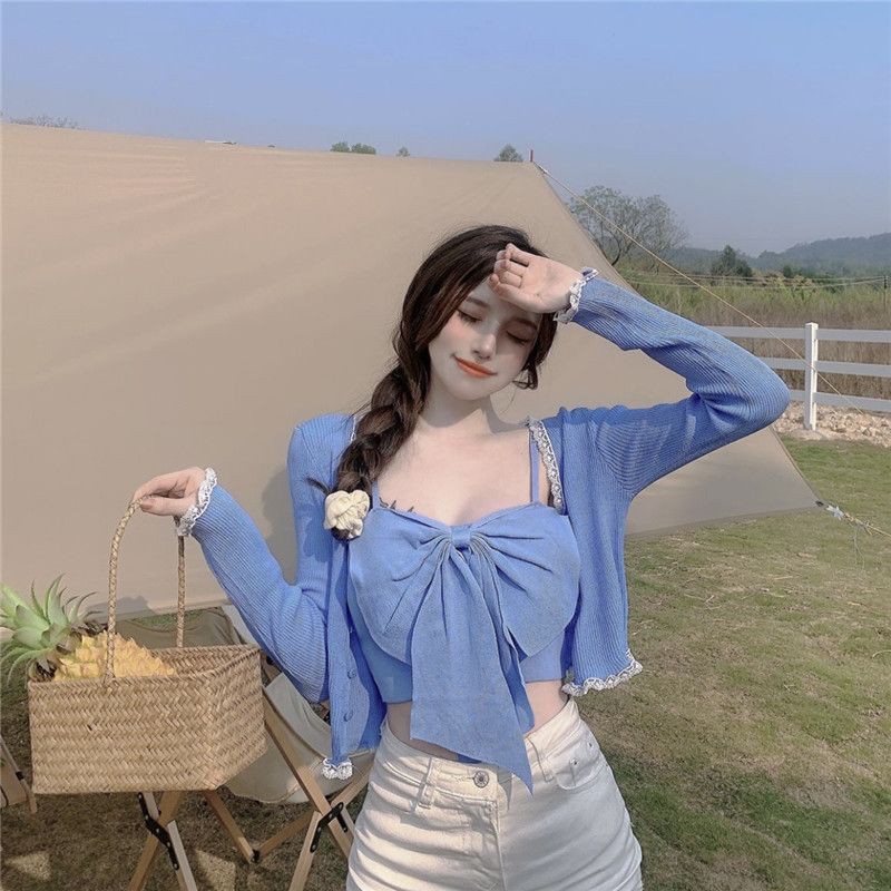 Set áo hai dây nơ ngực, áo cadigan nữ len dệt kim mỏng nữ tính sexy - Có ảnh thật
