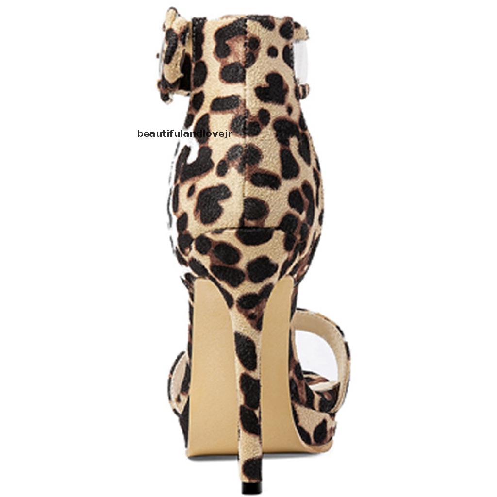 [beautifulandlovejr] Womens Leopard Print Stilettos Open Toe Platform Heels with Buckle 