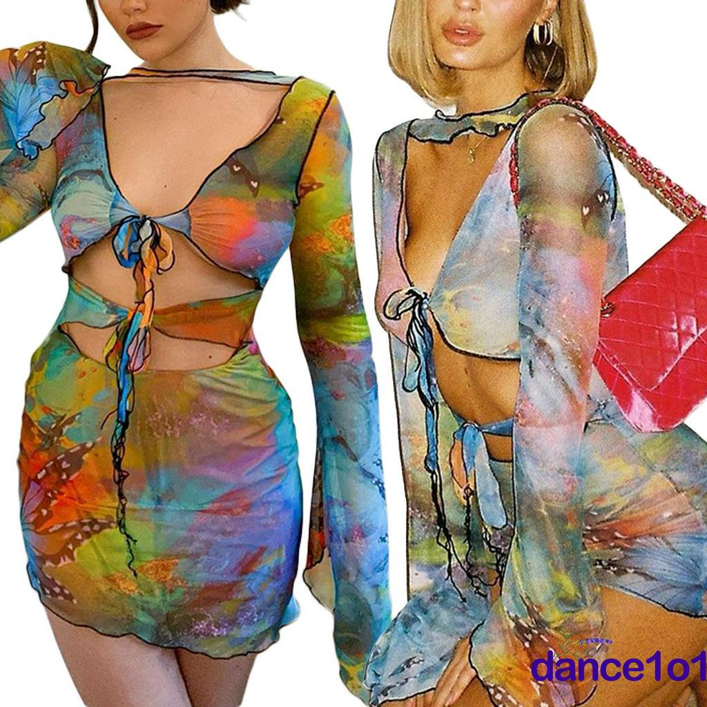 Đầm tay dài cổ chữ V khoét sâu hoạ tiết bướm đắp ren cho nữ