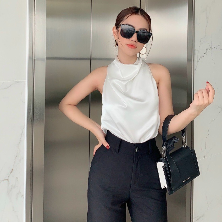 Áo crop phi lụa không tay đi phố