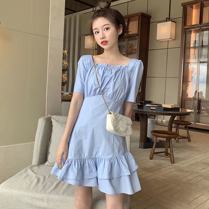 Đầm ngắn đuôi cá cổ vuông phối bèo nhún eo phong cách Pháp thời trang mùa xuân👗Váy LAMUSELANDFairy👚】hl