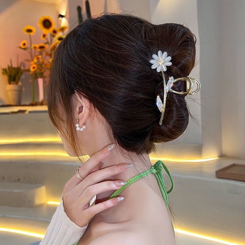 Kẹp tóc kim loại đính hoa mang phong cách tinh tế sang trọng kẹp tóc sau đầu bản to cho nữ Hàn Quốc