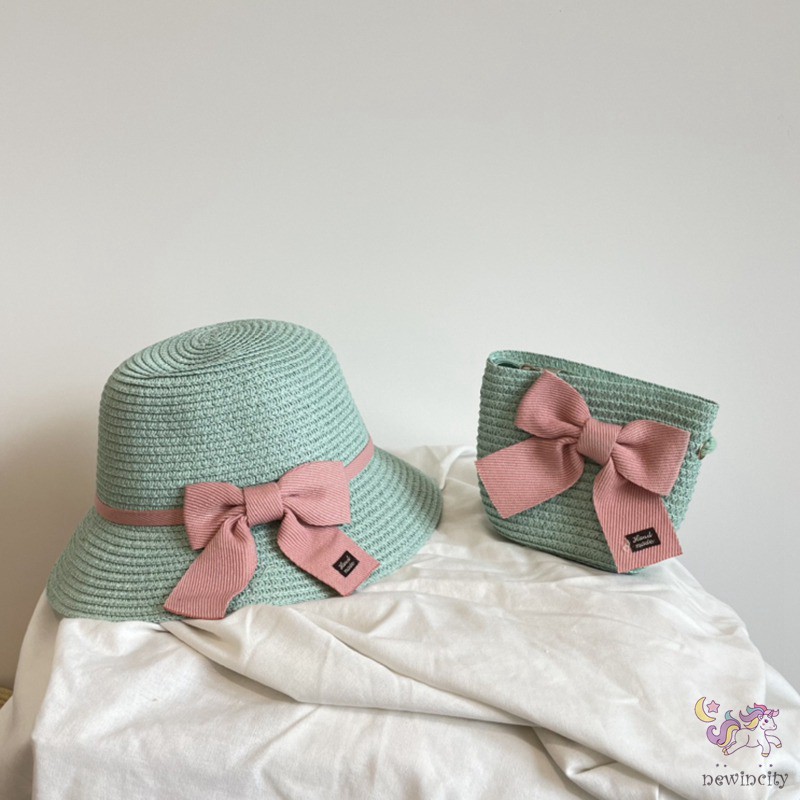 Set mũ vành và túi xách đan cói đính nơ thời trang mùa hè đáng yêu cho bé gái