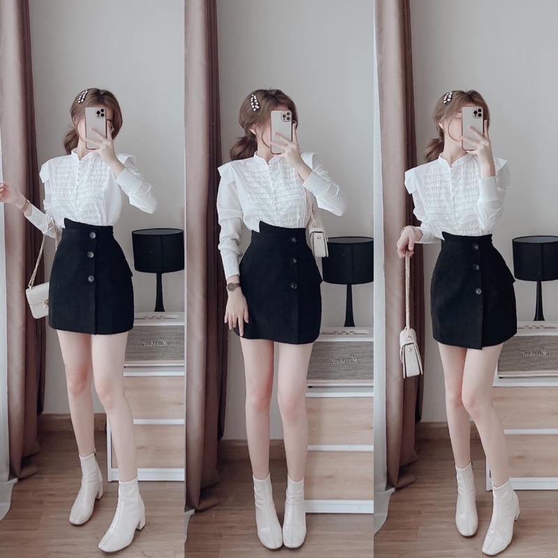 Chân váy chữ a ngắn chất nhung tăm cạp cao lệch công sở thời trang hàn quốc MÃ908