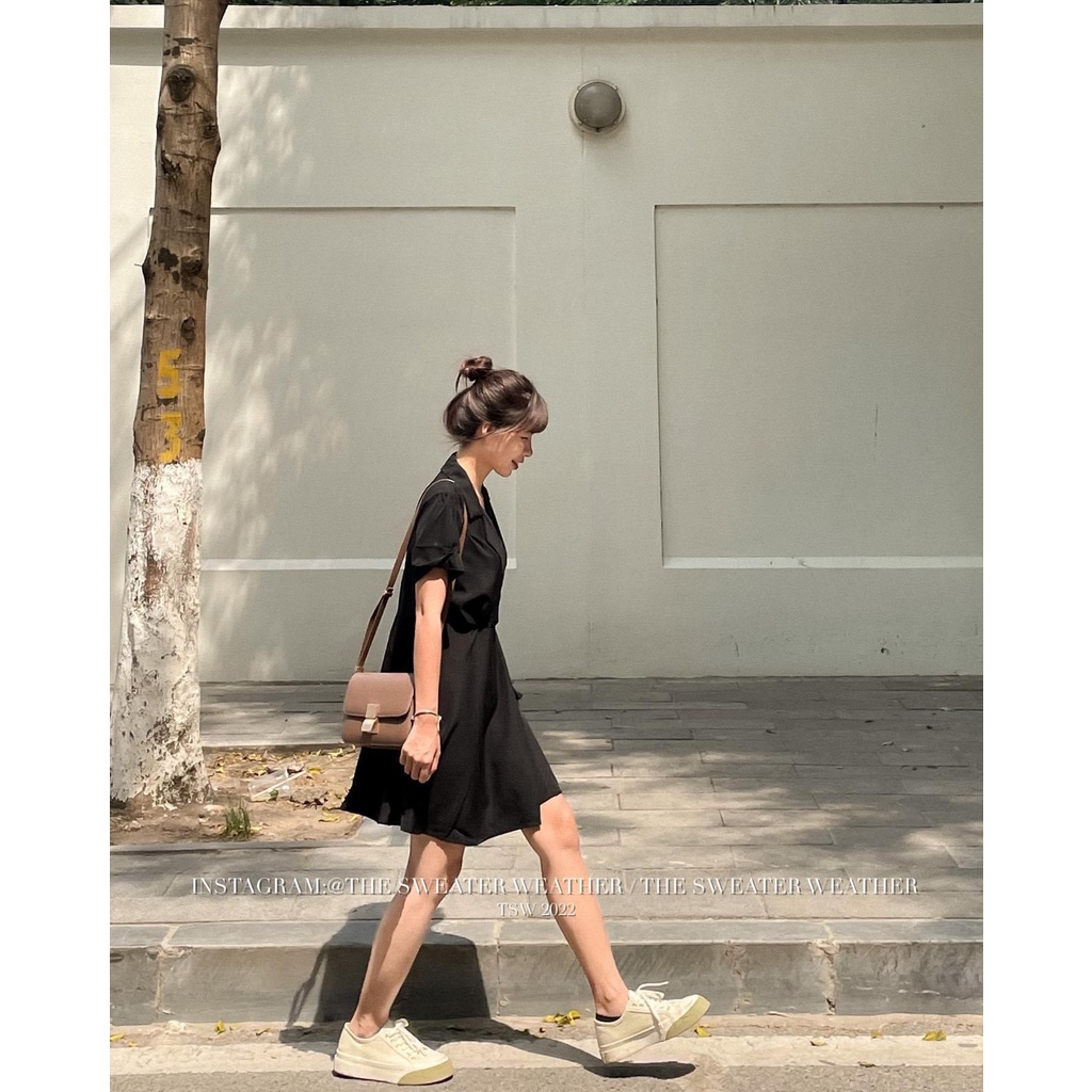 Váy sơ mi cổ vest voan trượt dày dặn thắt nơ V013 Celyn.clothes