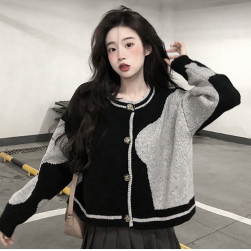 Áo Khoác Dệt Kim Tay Dài Màu Sắc Tương Phản Phong Cách Hàn Quốc