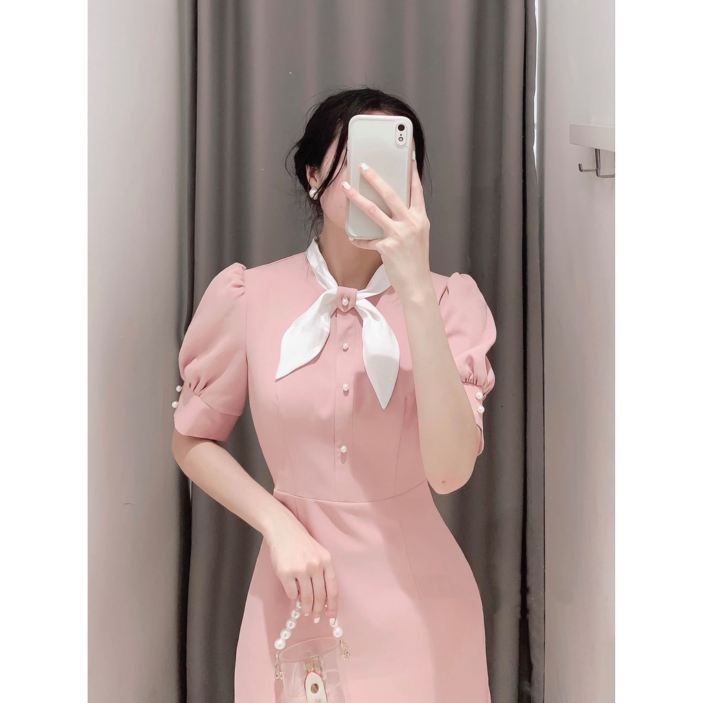 Váy Thiết Kế Đẹp Cao Cấp - Váy Bấm Cúc Nơ Thời Trang - Hali Shop