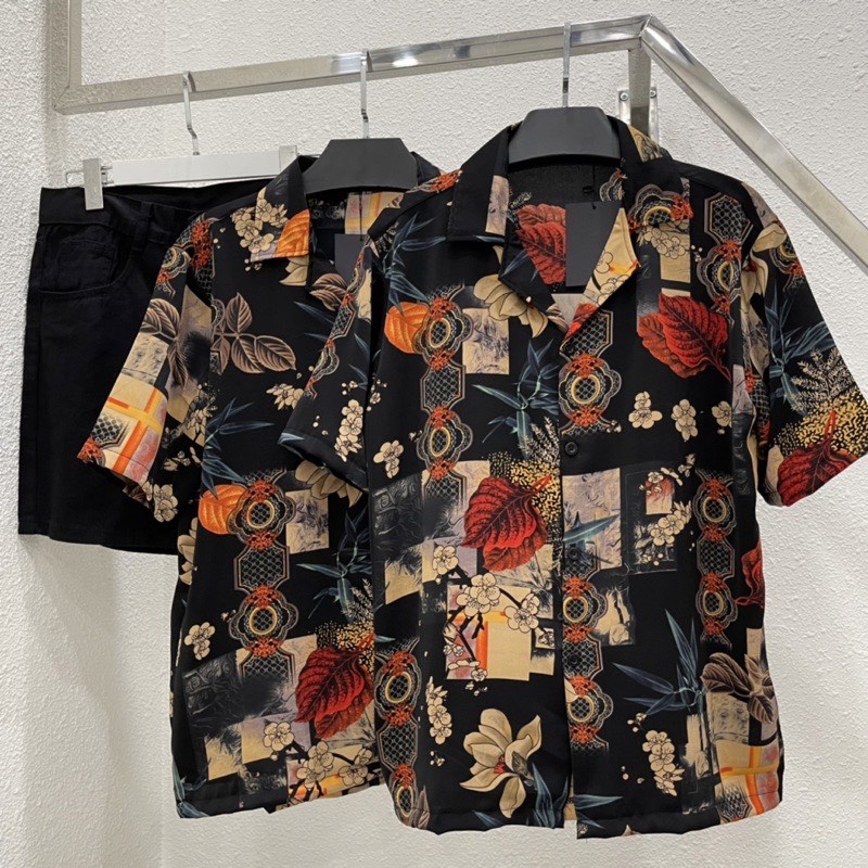 Áo Sơ Mi Lụa Tay Ngắn Họa Tiết Unisex Nam Nữ Chất Mềm Mịn Mát Không Xù