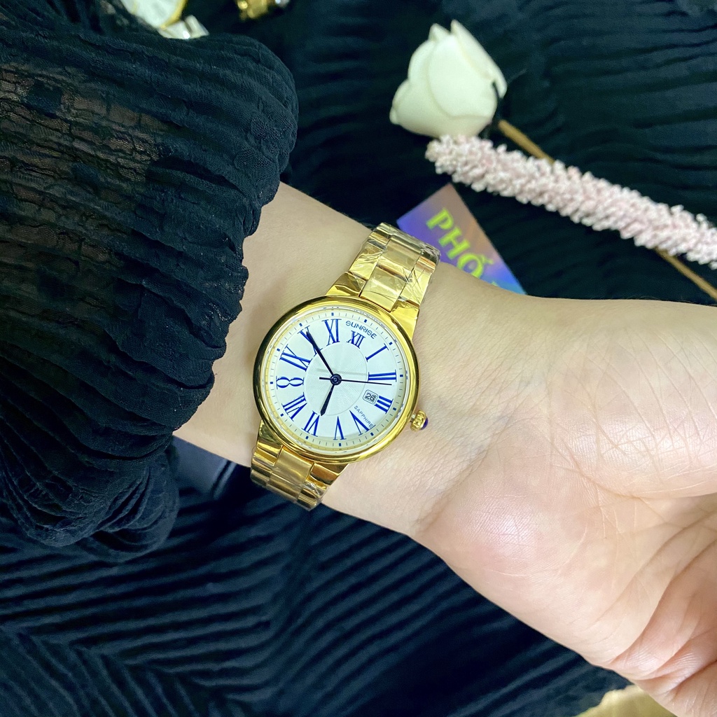 Đồng hồ nữ dây kim loại mặt kính chống xước sapphire Sunrise 2133 2133SA SL2133LK trắng