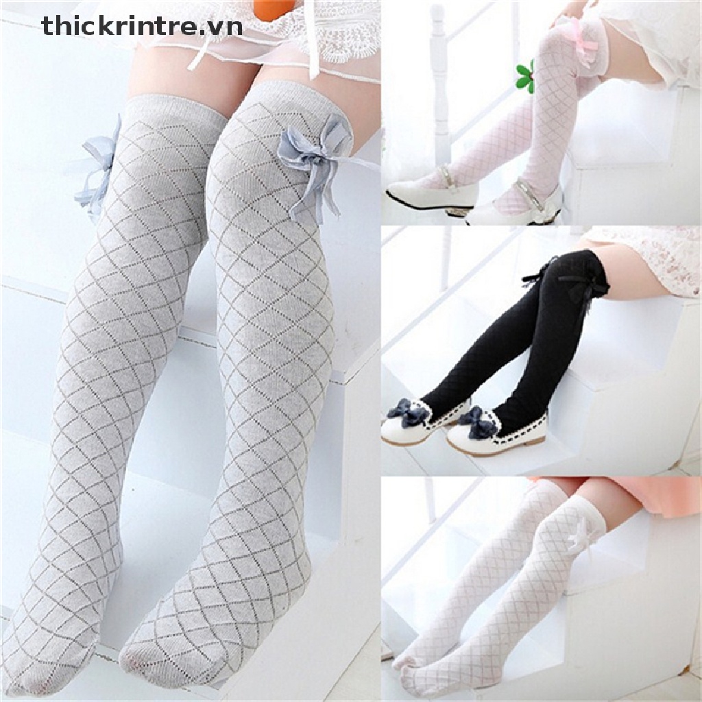 Đôi Tất Chân Cotton Cao Qua Gối Đính Nơ Dễ Thương Cho Bé Gái