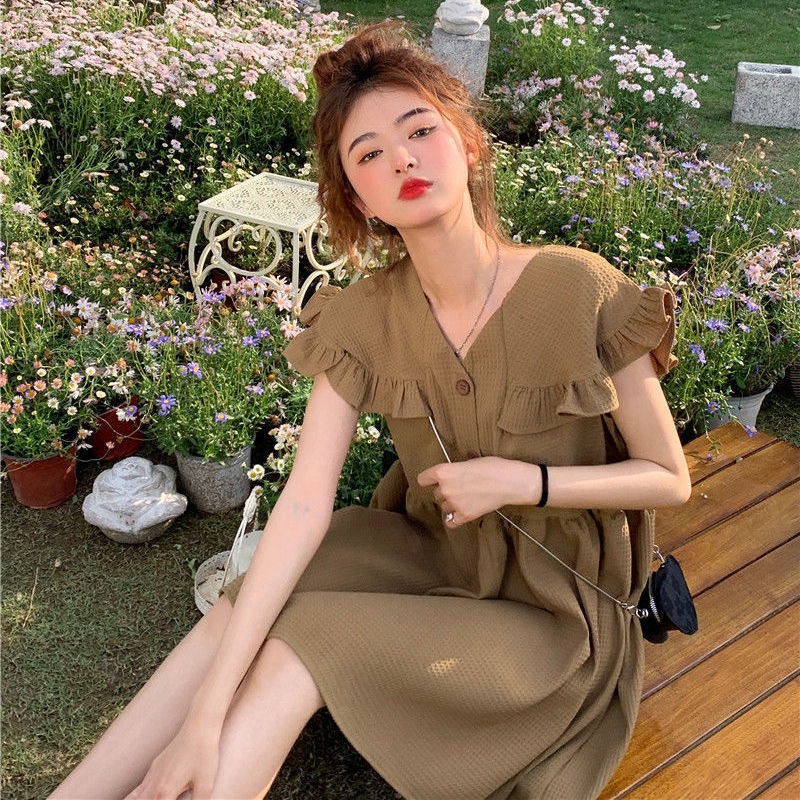 Đầm Tay Ngắn Phối Ren Màu Cà Phê Thời Trang Mùa Hè Hàn Quốc 2022 Mới
