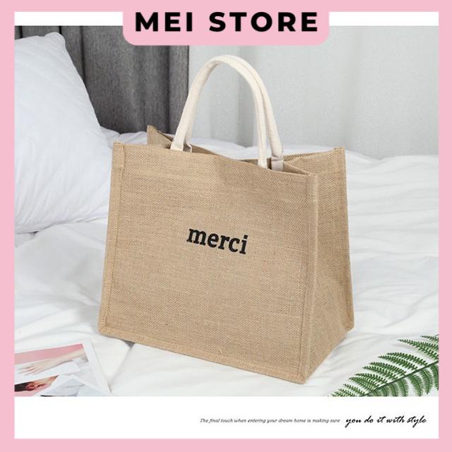 Túi Cói Merci Loại 1 Màu Sáng, Có Đệm Đáy Giữ Form Túi, Có Lót