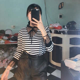 Freeship 99k TQ_Áo len kẻ phối ren