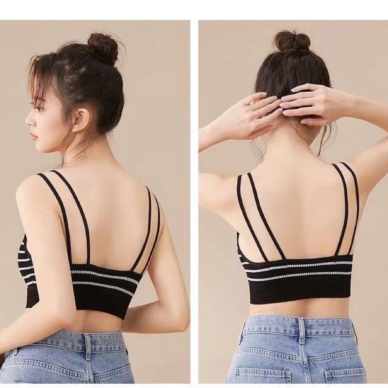 Áo Bra Kẻ Nữ Dây Kép Dáng Lửng Có Đệm Ngực Trend Mới 598