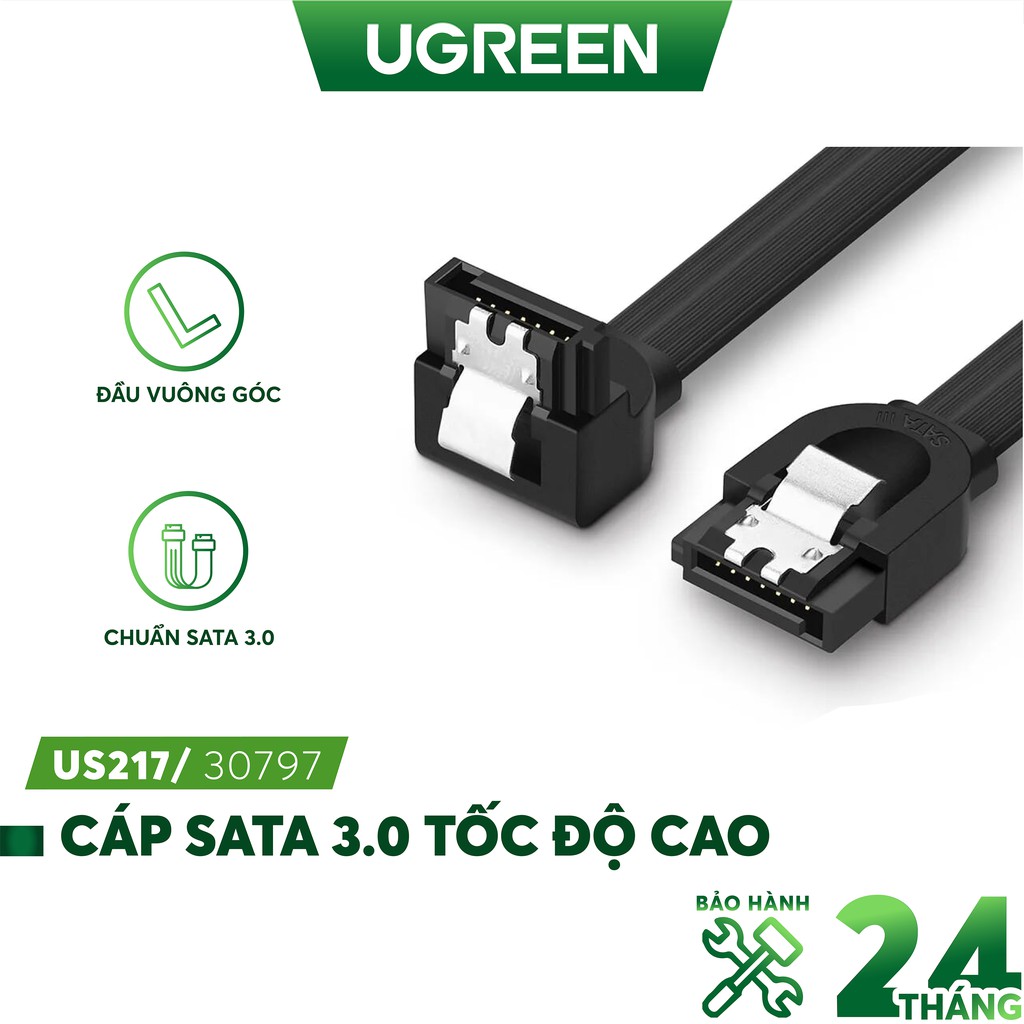 Cáp SATA 3.0 đầu thẳng, đầu vuông góc, nối dài, truyền tốc độ cao 6Gb/s, dài 0.5m UGREEN US217