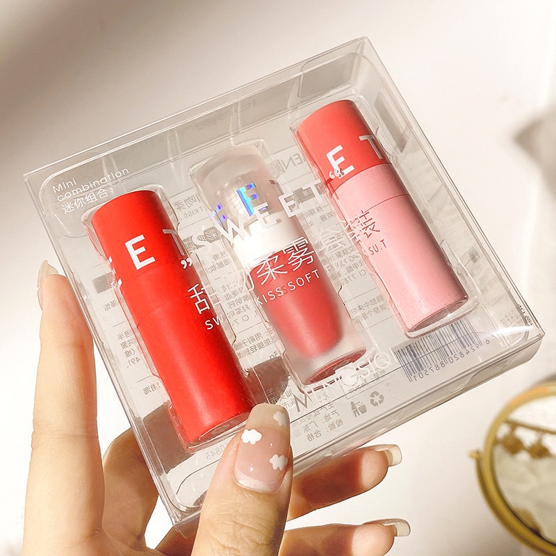 3Pcs Sweet Soft Mist Lip Gloss Set Long-Lasting Moisturizing Lip Glaze Gift Box Set