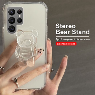 For Samsung Galaxy S22 Ultra Case Cute Cartoon Bear Clear Silicone Cover Samung S22 Plus S22 5G Holder Stand Protect 
