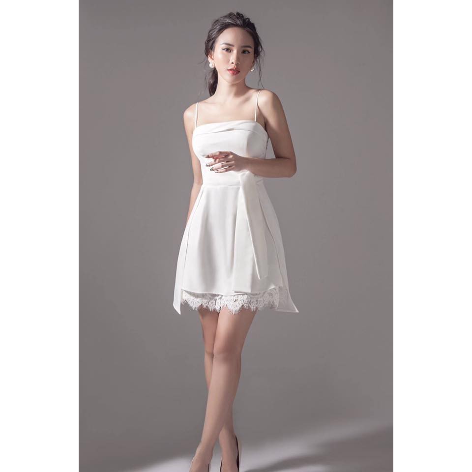 Đầm xòe 2 dây phối chân ren - Trắng