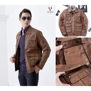 Áo Da Nam VENISCE - Nâu Đỏ Cổ Bẻ, Bốn Túi Hộp (5862), Chất Liêu Da PU Tổng Hợp