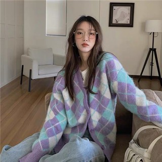 Áo Khoác Cardigan Len Ấm Dáng Rộng Oversize Họa Tiết Quả Trám