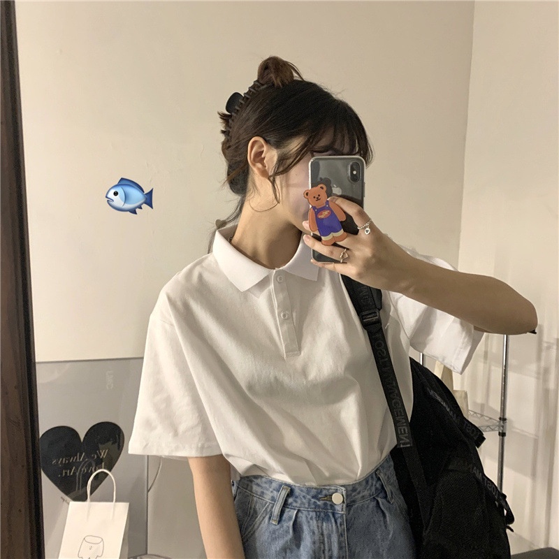 Áo polo nữ áo thun rộng tay lỡ unisex trắng / đen / hồng
