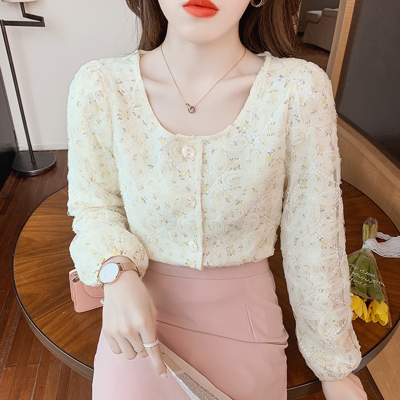 Áo Sơ Mi Tay Dài Phối Lưới In Họa Tiết Hoa Anh Đào Dễ Thương Thời Trang Mùa Thu Phong Cách Hàn Quốc Cho Nữ