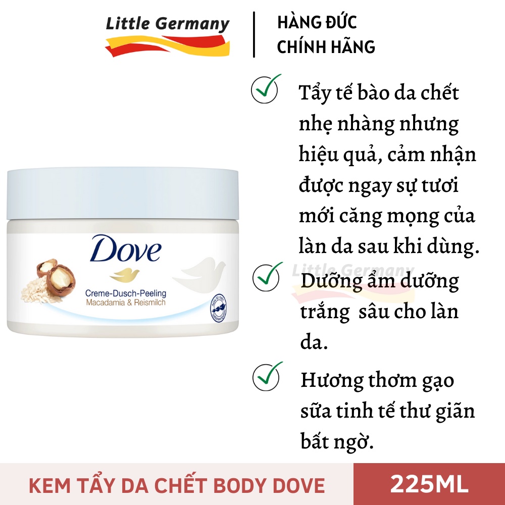 Kem Tẩy Da Chết Toàn Thân Dove Exfoliating Body Polish - Hàng Đức 225ml - Dành Cho Mọi Loại Da, Dưỡng Trắng Da, Mờ Thâm