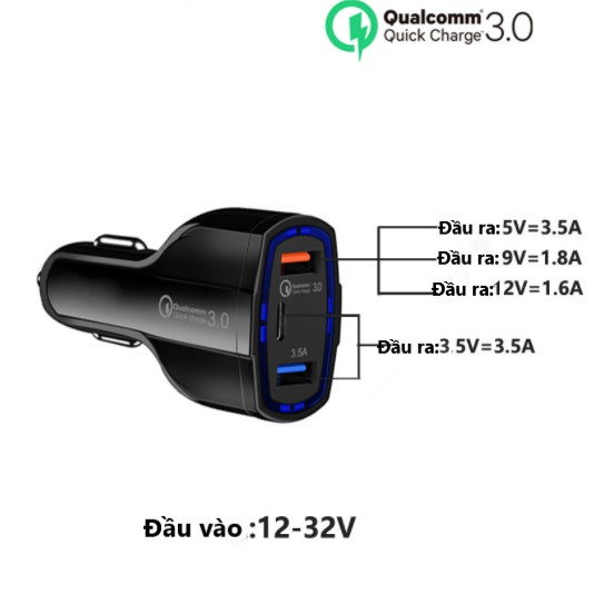 Tẩu Sạc Nhanh 3 Cổng Qualcomm QC 3.0 - Củ Sạc 3.0 FullBox Có Đèn - C1115