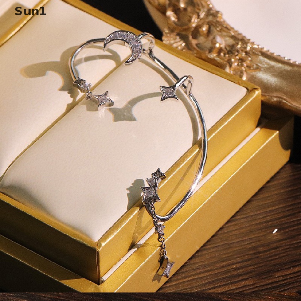 Sun1 &gt; Bông Tai Dáng Dài Hình Mặt Trăng Ngôi Sao Đính Đá Zircon Thời Trang