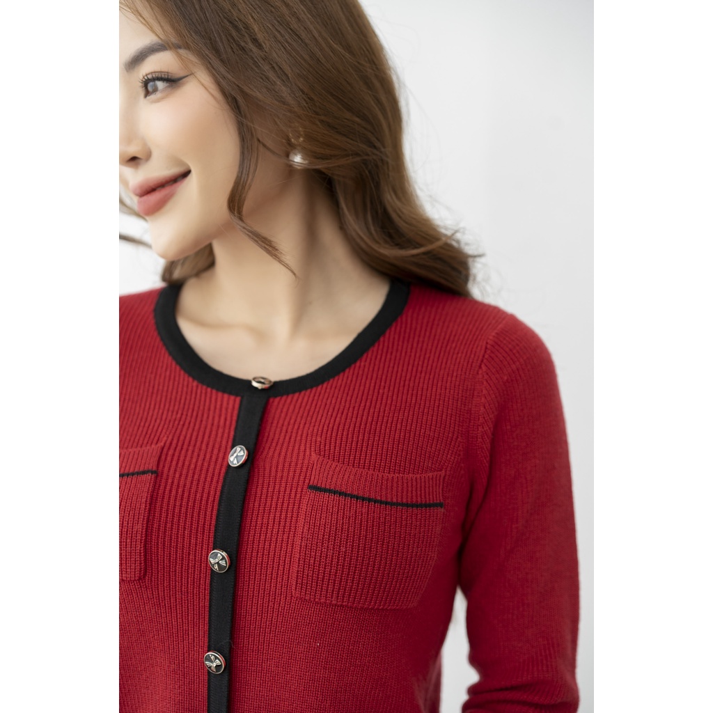 Áo len nữ cổ tròn phối màu Fiona, Áo cardigan dáng bo gấu túi ốp thân trước mã F852743