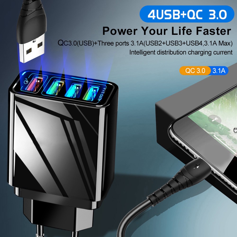 Cốc sạc nhanh 4 cổng USB tiêu chuẩn QC3.0 chuyên dụng