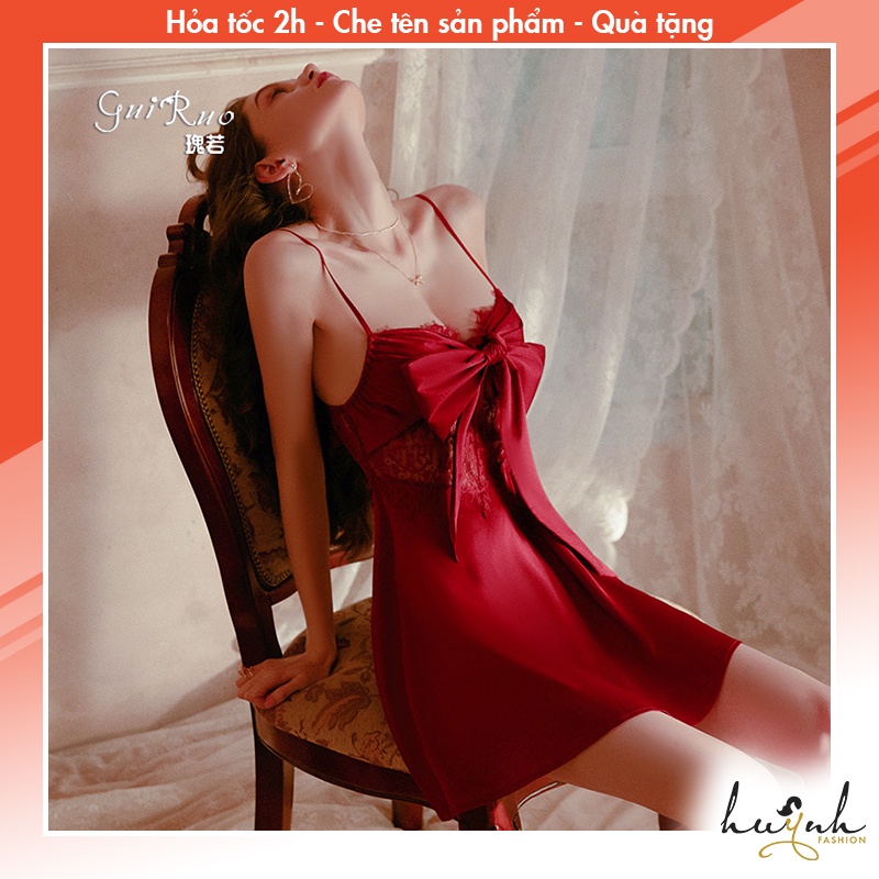 Đầm Ngủ Hai Dây Lụa Phối Ren và Nơ, Váy Ngủ Hở Lưng Cao Cấp GUIRUO (tặng kèm quần chip) - N66