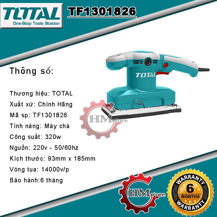 [TOTAL C/hãng] Máy chà rung nhám chữ nhật TOTAL TF1301826 320w - Chà nhám gỗ bảo hành 6 tháng