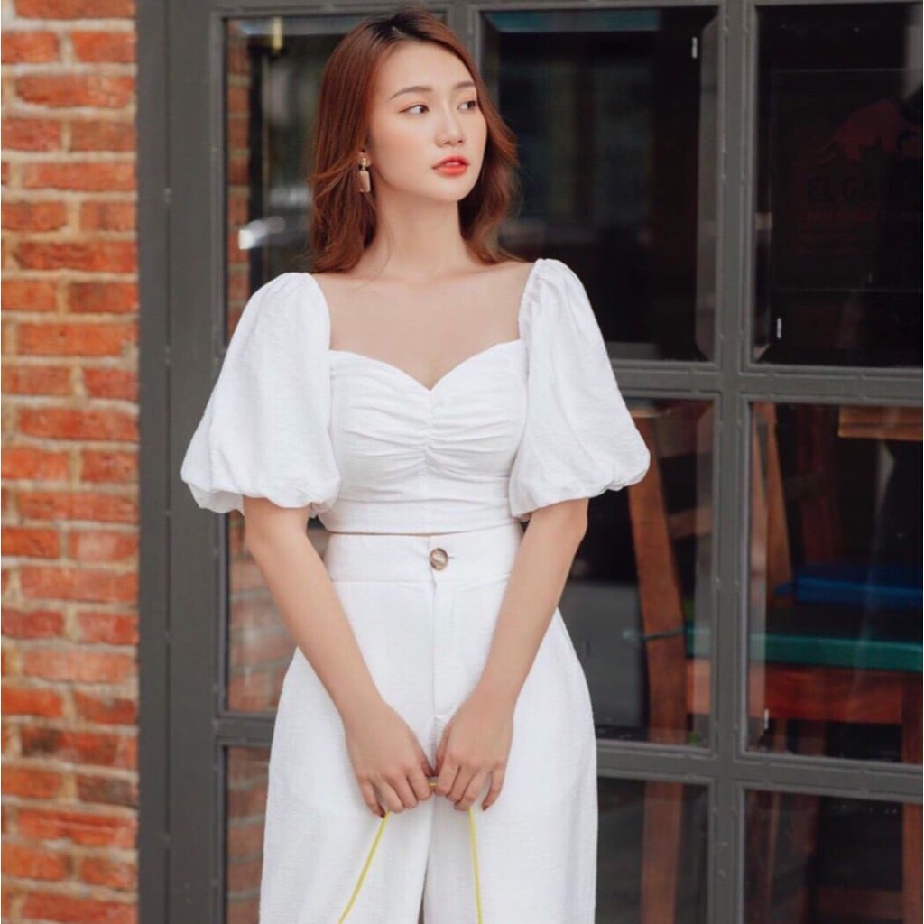Áo croptop nữ nhún ngực tay phồng - màu trắng,xanh - MSA824