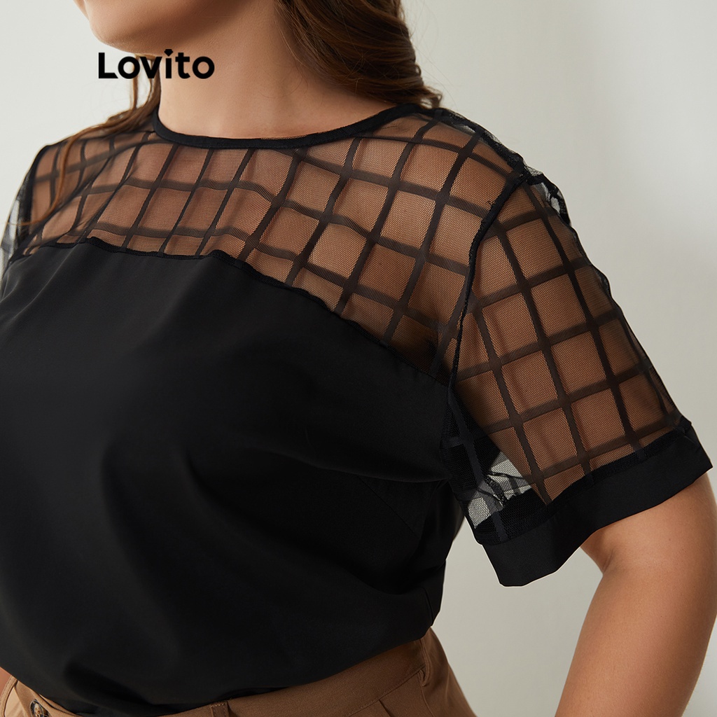 Áo Lovito plus size phối lưới tương phản thanh lịch trọng lượng nhẹ thoáng khí họa tiết caro LPS01023 (màu đen)