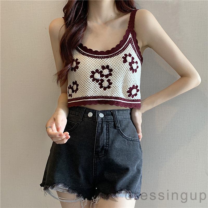 Áo hai dây dệt kim họa tiết hoa thời trang đáng yêu cho nữ