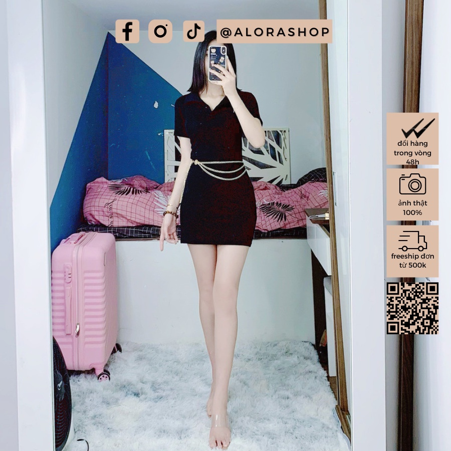 Váy nữ polo, đầm nữ cổ bẻ chất cotton zip dáng ôm ngắn tay hồng, đen freesize thời trang nữ Alora | BigBuy360 - bigbuy360.vn