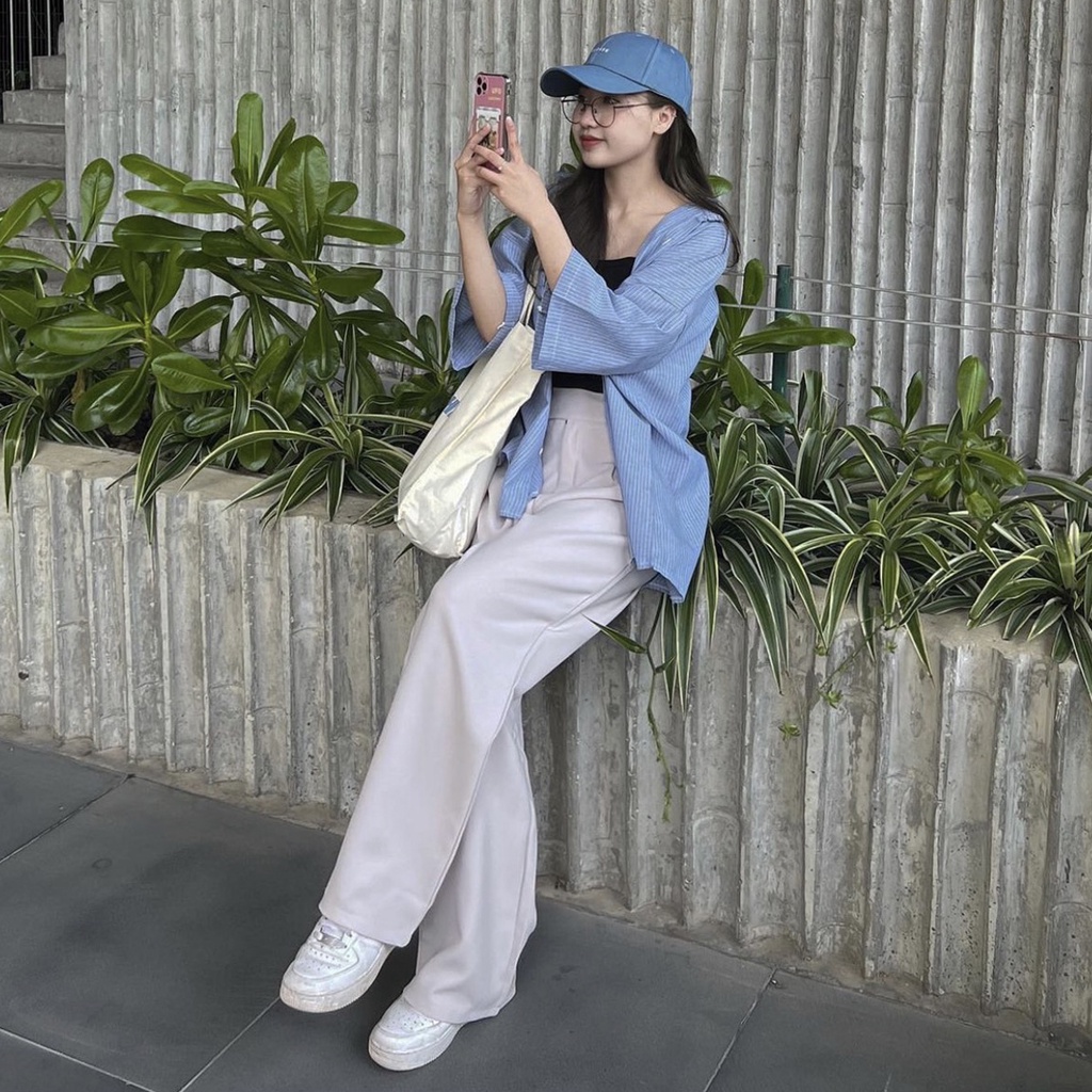 Áo sơ mi dáng rộng tay lỡ kẻ sọc style Hàn Quốc (hàng QC) - Ảnh thật