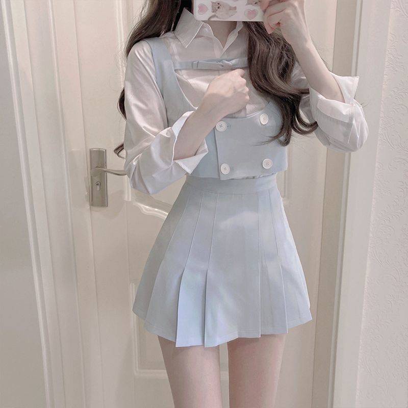 / O Kho C N > Set Áo Khoác Cardigan Màu Xanh Dương + Chân Váy Xếp Ly Thời Trang Mùa Thu 2022 Dễ Thương Ngọt Ngào Cho Nữ