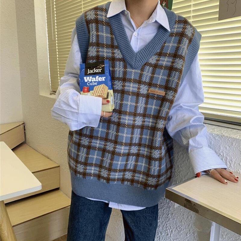 Set Áo Sơ Mi Xanh + Gile Len Kẻ Caro M2 Thời Trang Hàn Quốc 2021