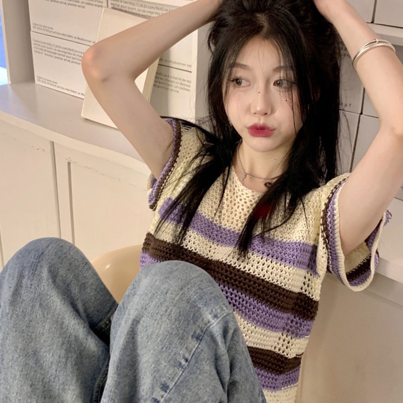 Áo Thun Croptop Dệt Kim Mỏng Tay Ngắn Dáng Rộng Họa Tiết Kẻ Sọc Thời Trang Mùa Hè Cho Nữ